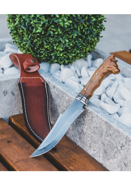 Kurt Figürlü Ceviz Kabzalı Kamp Bıçağı