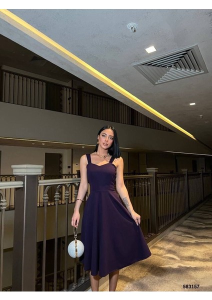 Kadın Dalgıç Krep Kumaş Kalp Yaka Askılı Midi Boy Elbise modelleri