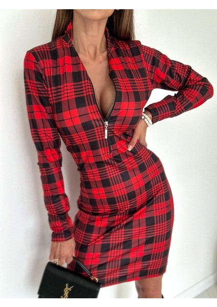 Kadın Uzun Kollu Fermuarlı Ekose Baskılı Dalgıç Elbise fırsatları