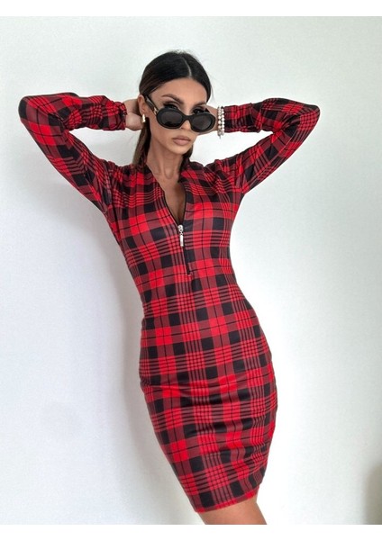 Kadın Uzun Kollu Fermuarlı Ekose Baskılı Dalgıç Elbise indirimleri