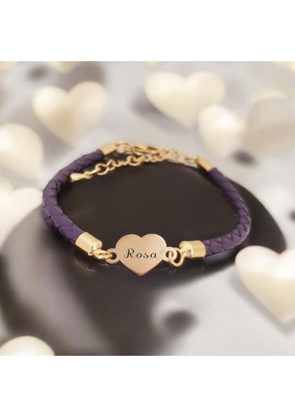 Altın Plakalı 14 Ayar Rosa Ismine Özel Doğal Mor Derili Kalp Motifli Hediye BILEKLIK-472ISIM