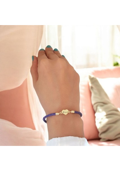 Altın Plakalı 14 Ayar Rosa Ismine Özel Doğal Mor Derili Kalp Motifli Hediye BILEKLIK-472ISIM fiyatları