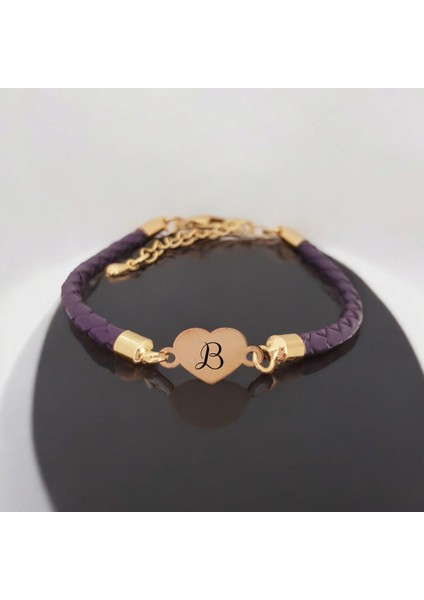 Altın Plakalı 14 Ayar B Harfine Özel Kalp Motifli Doğal Mor Derili Hediye BILEKLIK-472HARF