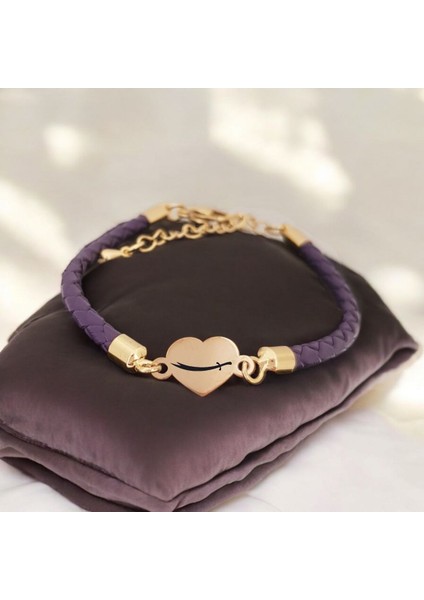 14 Ayar Altın Plakalı Zülfikar Temalı Kalp Motifli Doğal Mor Derili Hediye BILEKLIK-472SEMBOL