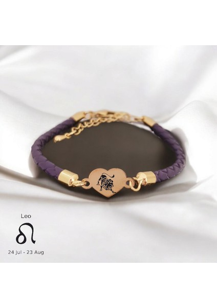 14 Ayar Plakalı Altın Aslan Burçlarına Özel Kalp Motifli Doğal Mor Derili Hediye BILEKLIK-472BURÇ