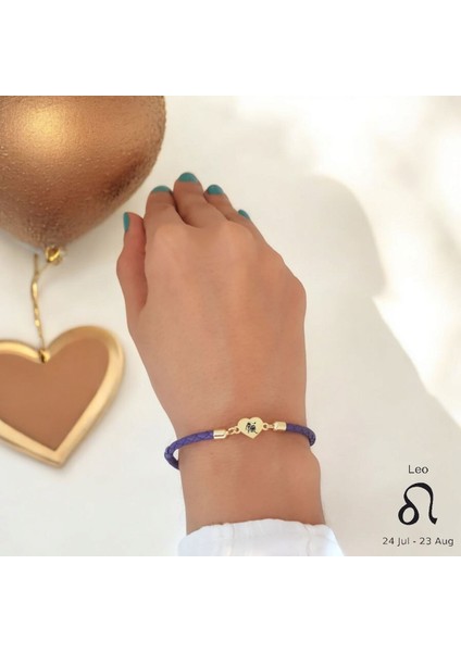 14 Ayar Plakalı Altın Aslan Burçlarına Özel Kalp Motifli Doğal Mor Derili Hediye BILEKLIK-472BURÇ fiyatları