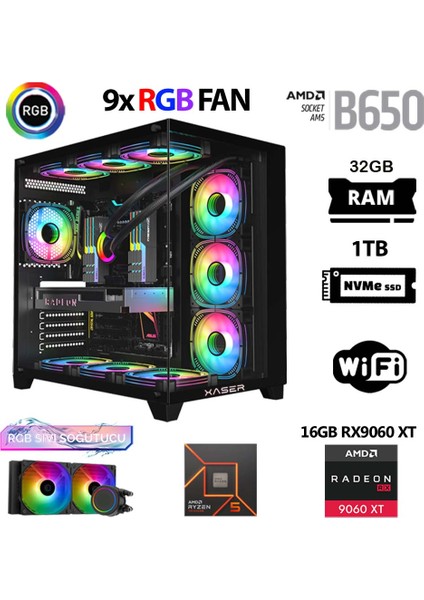 Lexus X760 Ryzen 5 7500F 32GB Ddr5 Ram 1tb M.2 Nvme SSD 16GB RX9060 Xt Sıvı Soğutmalı Masaüstü Oyuncu Bilgisayarı