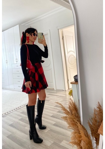 Kadın Uzun Kollu Bisiklet Yaka Üst Viskon Alt Ekose Kısa Elbise fiyatları