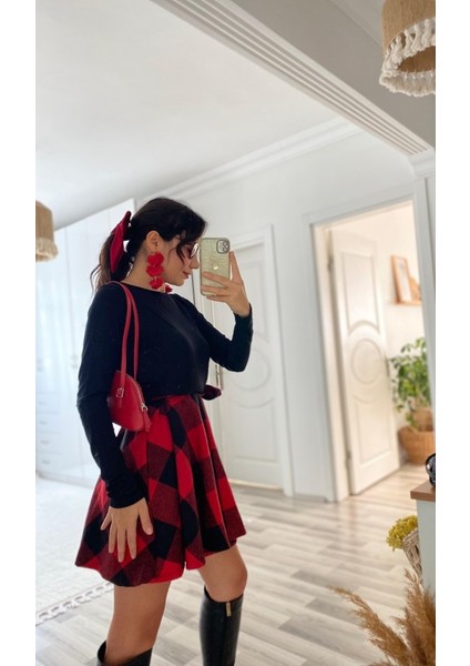 Kadın Uzun Kollu Bisiklet Yaka Üst Viskon Alt Ekose Kısa Elbise modelleri