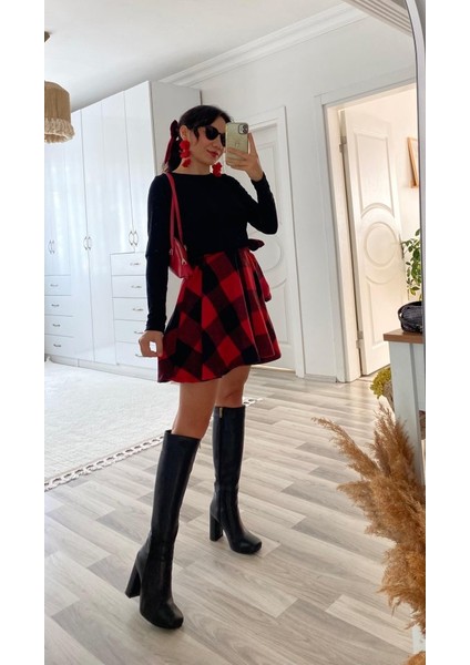 Kadın Uzun Kollu Bisiklet Yaka Üst Viskon Alt Ekose Kısa Elbise fırsatları