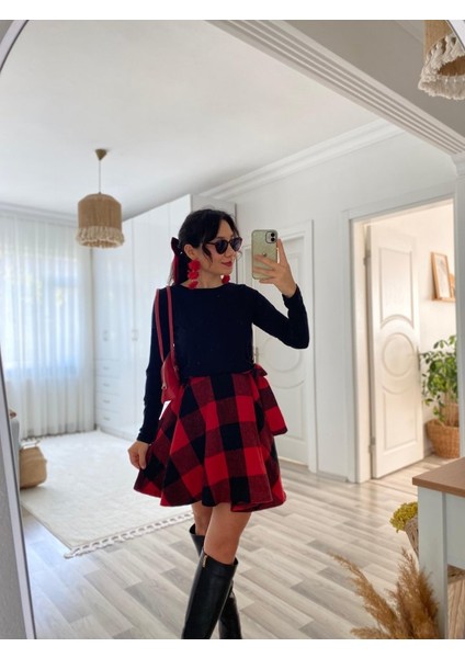 Kadın Uzun Kollu Bisiklet Yaka Üst Viskon Alt Ekose Kısa Elbise indirimleri