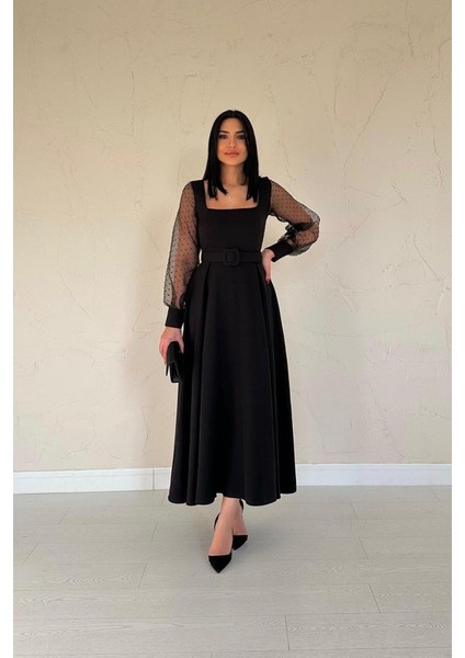 Siyah Kolları Organze Kuplu Elbise
