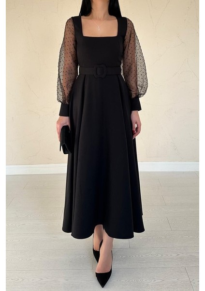 Siyah Kolları Organze Kuplu Elbise modelleri