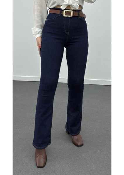 Dark Blue Extra Yüksek Bel Full Likralı Flare Jeans