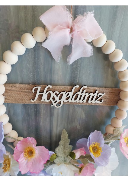 Rosy Kapı Süsü, Gelincik Temalı Ahşap Boncuklu Kapı Süsü, Hediye, Dekor, Yapay Çiçek