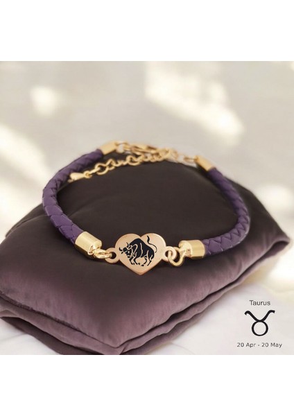 Altın Plakalı 14 Ayar Boğa Burçlarına Özel Kalp Motifli Doğal Mor Derili Hediye BILEKLIK-472BURÇ