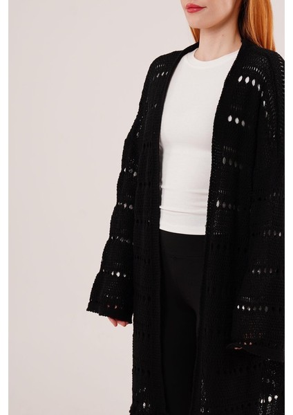 Delikli Geçişli Püskül Detay Uzun Triko Siyah Hırka fırsatları