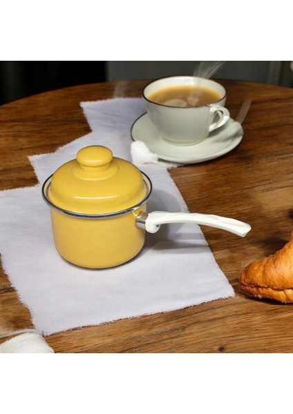 Emaye Yumurta Haşlama Sos Mama Tavası 12 cm 800ML Sarı Kapaklı