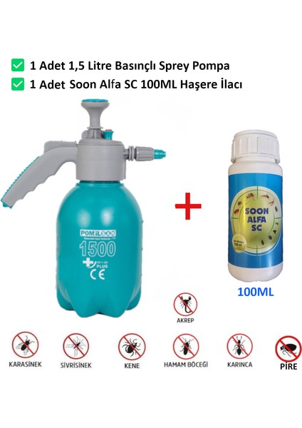 100ML Kokusuz Haşere Ilacı ve 1. 5lt Pompa Karınca, Örümcek, Kene, Bit, Pire, Akrep, karınaa