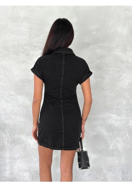 Kısa Kolu Mini Kot Kumaşından Likralı Elbise - Siyah fiyatları