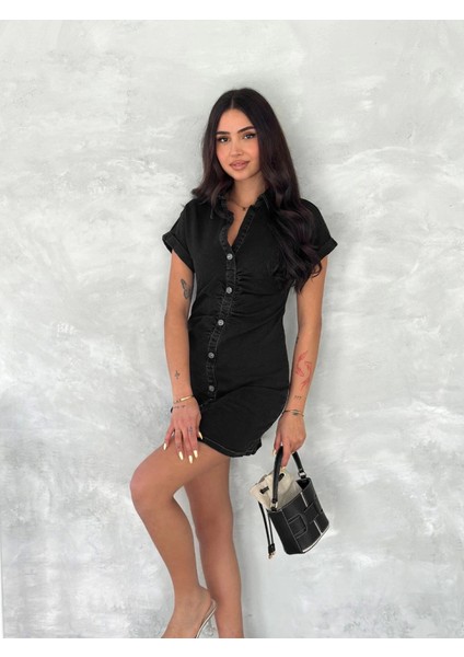 Kısa Kolu Mini Kot Kumaşından Likralı Elbise - Siyah fırsatları