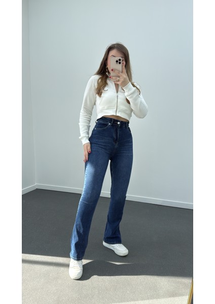 Lacivert Renk Extra Yüksek Bel Full Likralı Flare Jeans