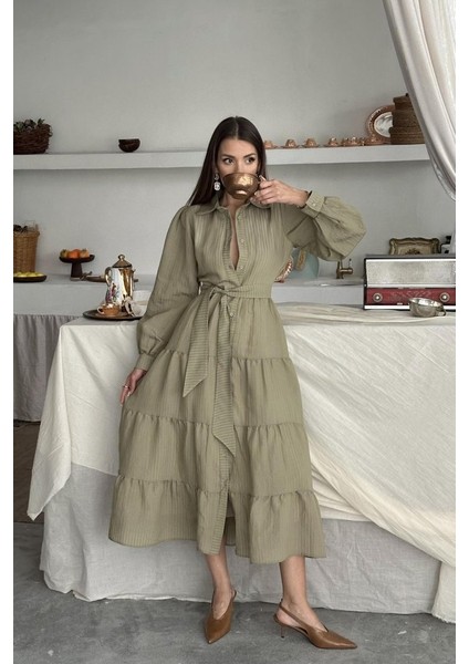 Çağla Çizgi Desenli Uzun Elbise modelleri