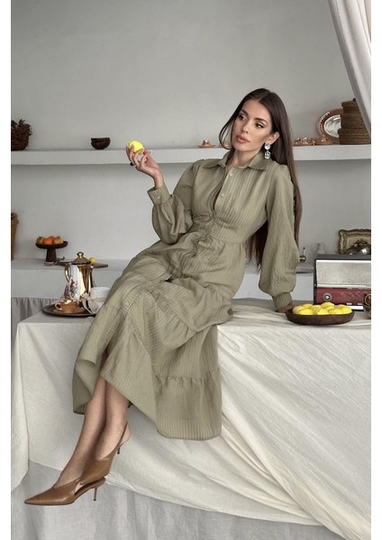 Çağla Çizgi Desenli Uzun Elbise fırsatları