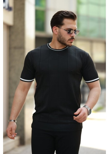 Erkek Bisiklet Yaka Çizgi Desenli Ribanalı Kısa Kollu Tshirt