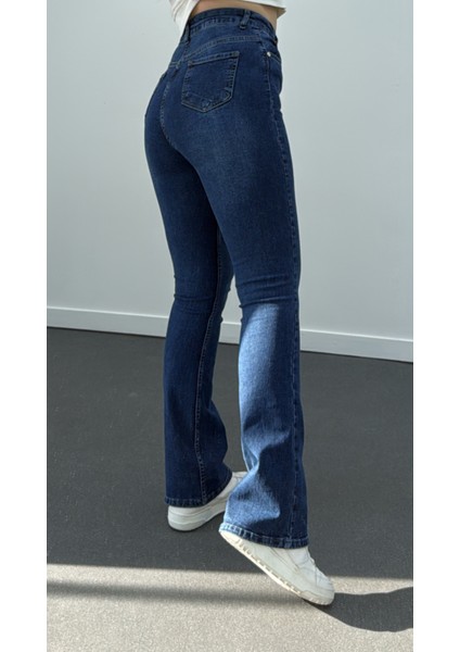 Lacivert Renk Extra Yüksek Bel Full Likralı Flare Jeans modelleri