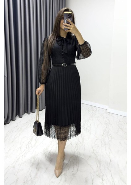 Kadın Denim Kumaş Dantel Detay Pileseli Elbise fiyatları