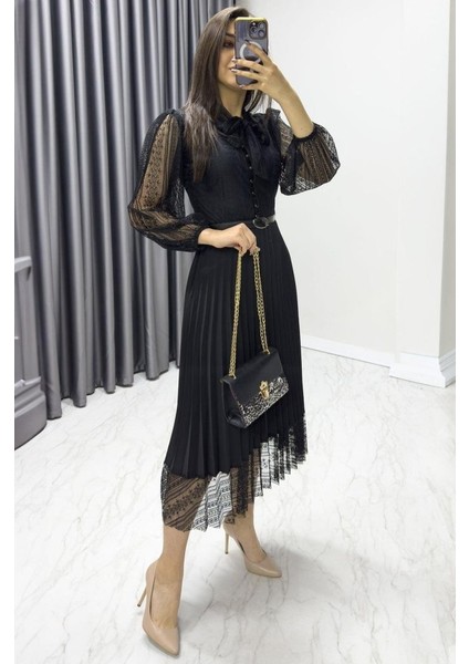 Kadın Denim Kumaş Dantel Detay Pileseli Elbise modelleri