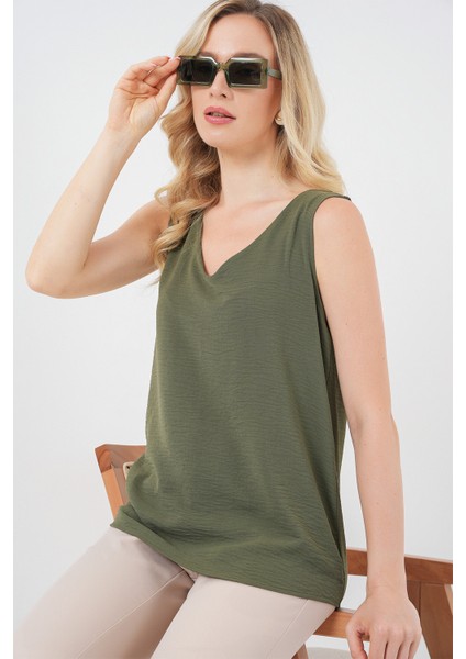 V Yaka Sıfır Kol Bluz 950 - Haki fiyatları