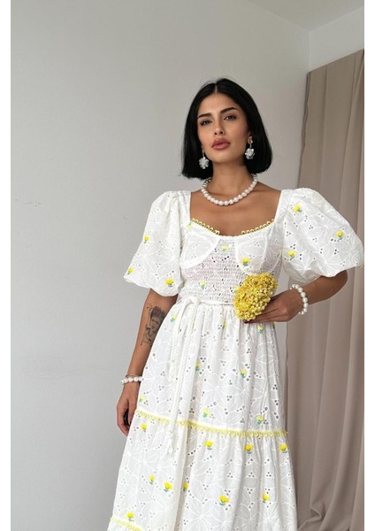 Sarı Dantel Detaylı Brode Elbise fiyatları