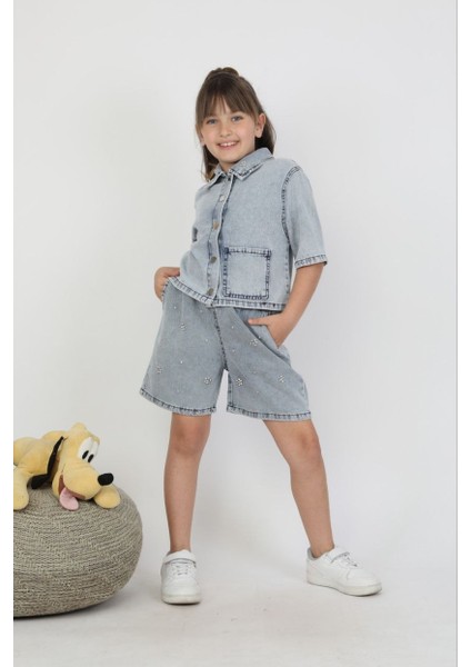 Kız Taş Detaylı Şortlu Denim Takım fiyatları