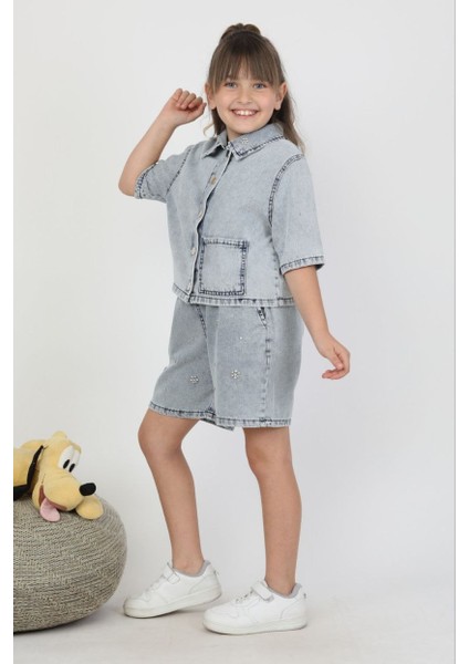 Kız Taş Detaylı Şortlu Denim Takım modelleri
