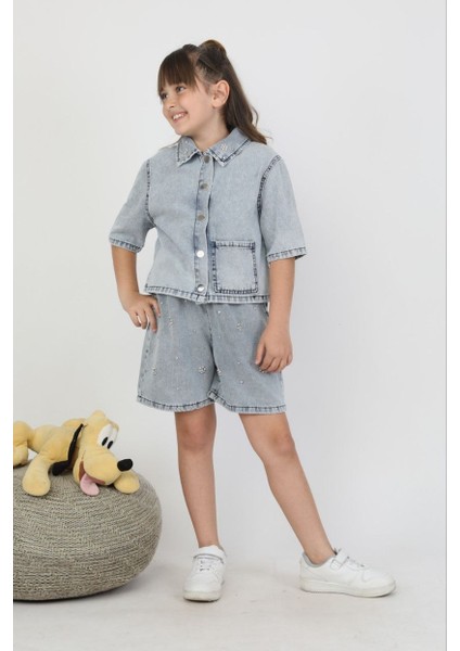 Kız Taş Detaylı Şortlu Denim Takım fırsatları
