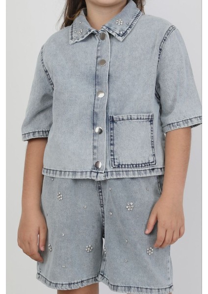 Kız Taş Detaylı Şortlu Denim Takım indirimleri