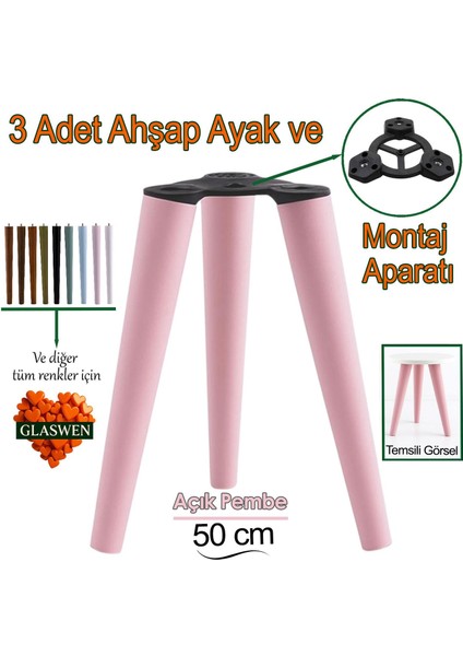 3 Adet Ahşap Ayak 50 cm Açık Pembe M8 Civatalı Bağlantı Aparatlı Mobilya Tabure Sehpa Masa Destek Ayağı
