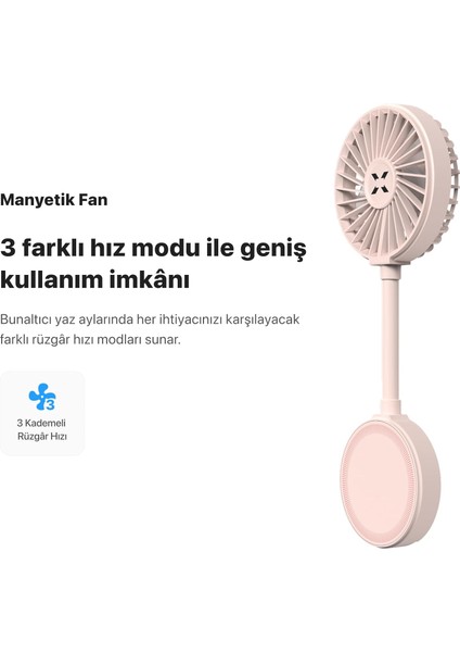 Manyetik Fan Taşınabilir Vantilatör USB Type-C Şarj Edilebilir Ultra Sessiz 3 Hız Kademeli Soğutucu Magsafe Telefon Fanı X6104 Pembe