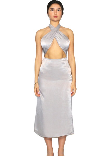 Jessy Saten Halter Yaka Bağlamalı Elbise