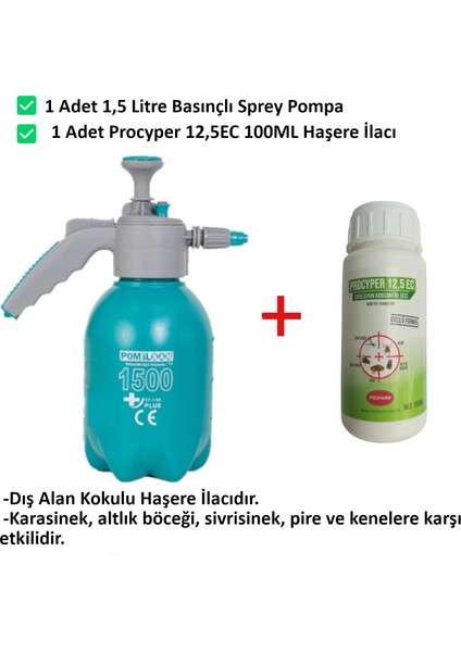 12, 5 Ec Kokulu Dış Alan Haşere Ilacı 100ML ve 1, 5lt Basınçlı Pompa, Sivrisinek, Karasinek, Kene, Pire, Altıkböceği