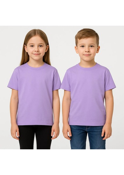 Unisex Basic Pamuklu Oversize Lila Çocuk Tişört