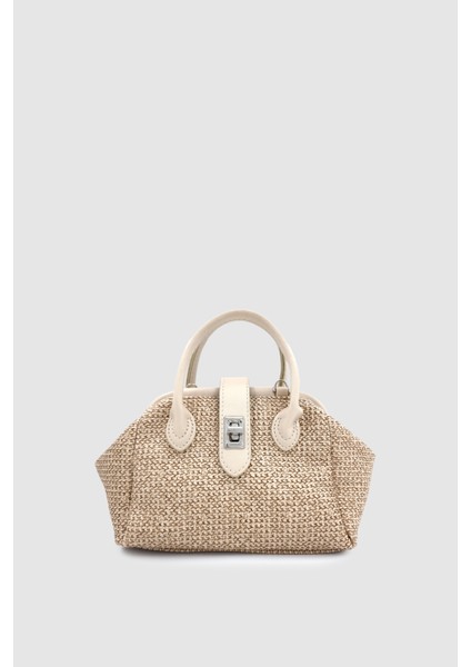 Drisa Kilit Detaylı Çapraz Askılı Hasır El Çantası Krem