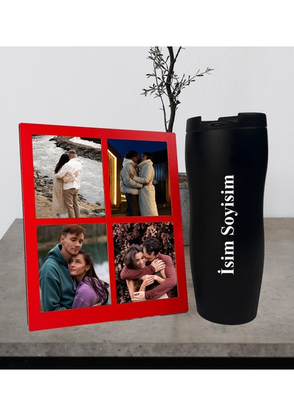 Kişiye Özel Premium Termos Bardak ve Fotoğraflı Dört Resimli Siyah Kolaj Masaüstü Fotoğraf Kırmızı Çerçeve