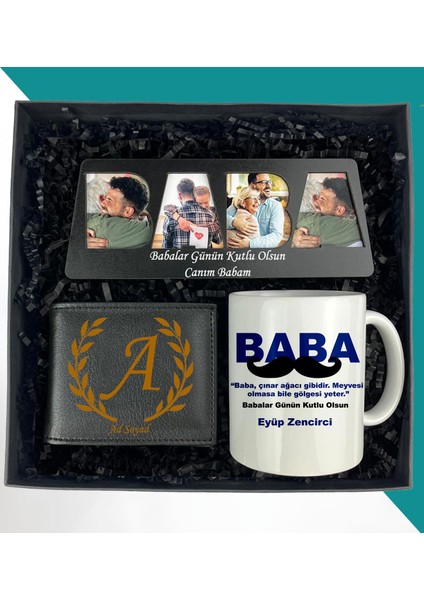Kişiye Özel 4 Fotoğraflı Baba Tasarımlı Masaüstü Çerçeve Erkek Deri Cüzdan Resimli Kupa Bardak