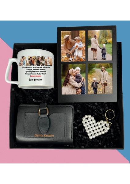 Anneler Gününe Özel 4 Fotoğraflı Siyah Masaüstü Kolaj Çerçeve Çay ve Nescafe Fincanı Bayan Cüzdan Inci Anahtarlık