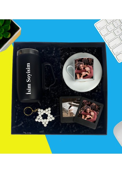 Kişiye Özel Premium Kutu Kulplu Termos Bardak Fotoğraflı Türk Kahve Fincanı Inci Anahtarlık Ahşap Mdf Masaüstü Resimli Siyah Çerçeve Iki Adet