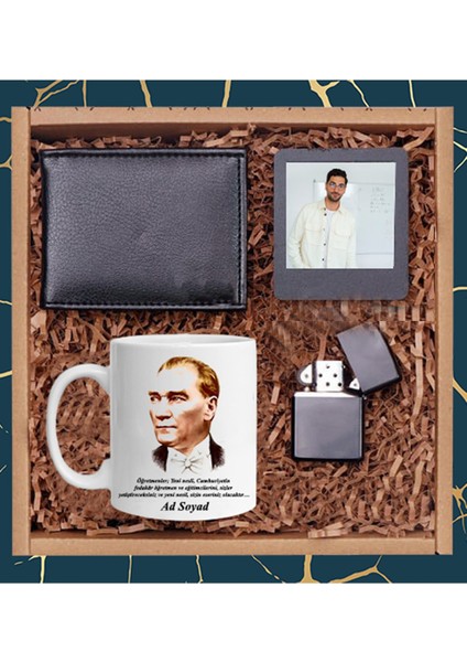 Öğretmenler Gününe Özel Cüzdan Çakmak Siyah Çerçeve ve Beyaz Kupa Hediye Set