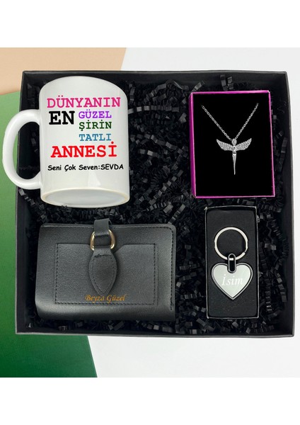 Anneler Gününe Özel Siyah Cüzdan Melek Kolye Isimli Kalp Anahtarlık ve Dünyanın En Güzel,şirin,tatlı Annesine Tasarımlı Kupa Bardak
